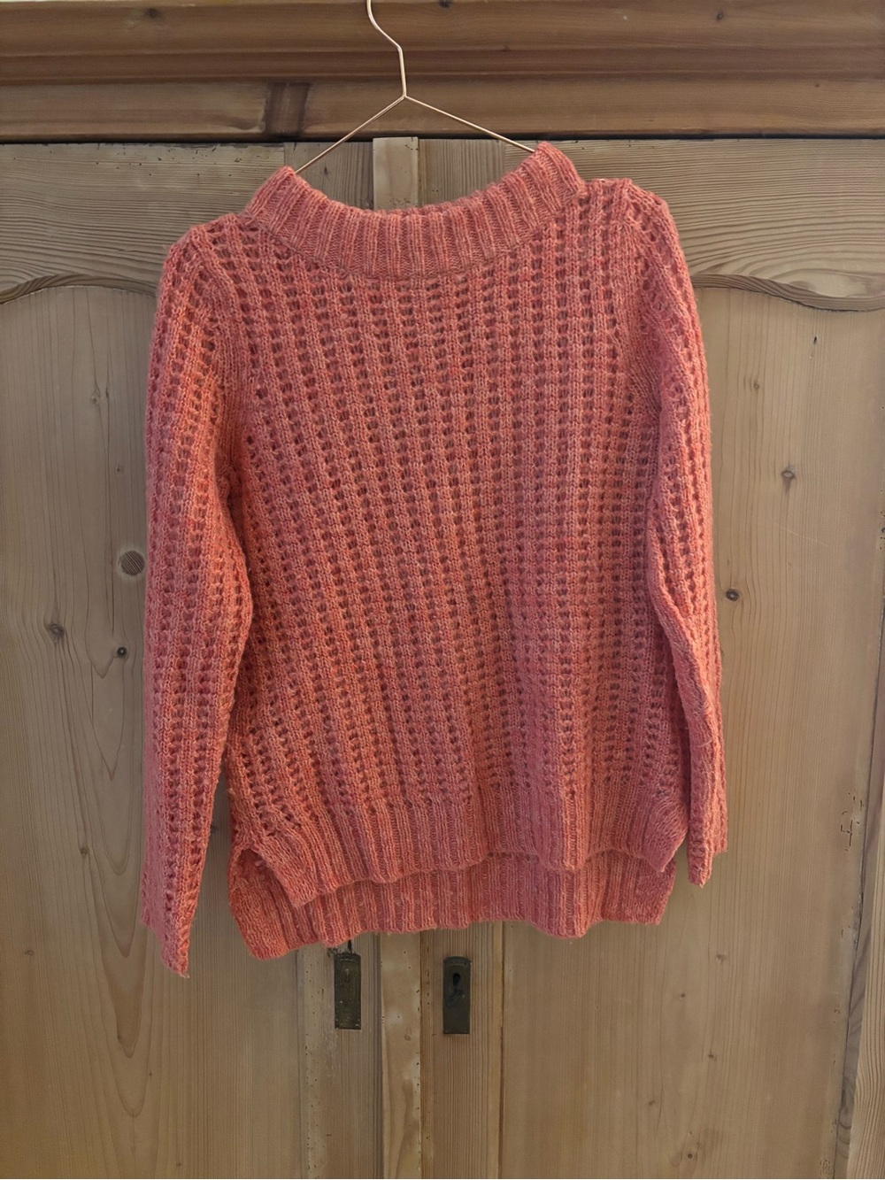 ANTHROPOLOGIE Open-Knit Crewneck Sweater in Peachy Coral